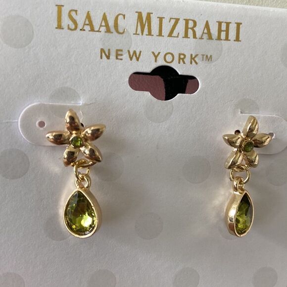 Isaac Mizrahi NWT earrings flower design with a green crystal drop - Picture 3 of 5